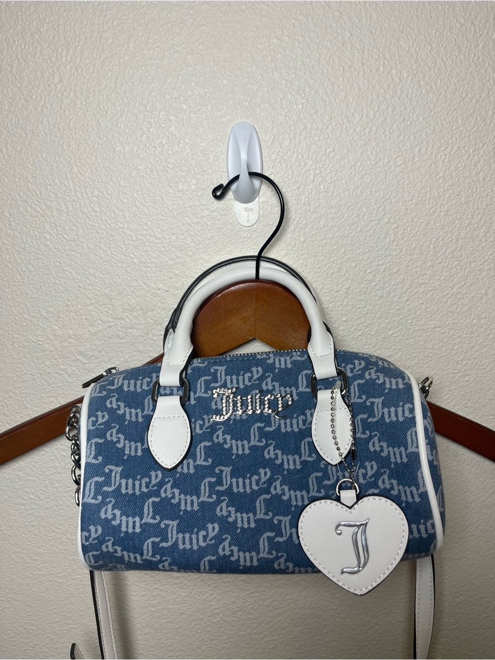Juicy Couture Blue Monogram Barrel Crossbody with White Trim
